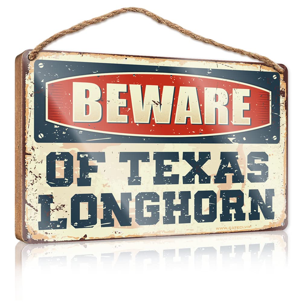 FZFN Signs & Plaques Beware Of Texas Longhorn Wooden Sign Bar Signs For Man Cave Bar Signs For Home(15X28CM)