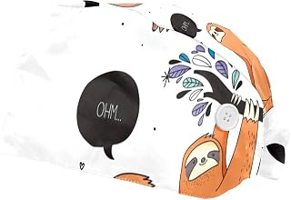 2 Pieces Working Hat with Buttons Adjustable Sweatband Bouffant Hats Unisex Tie Back Hats Cute Sloth Take Your Time