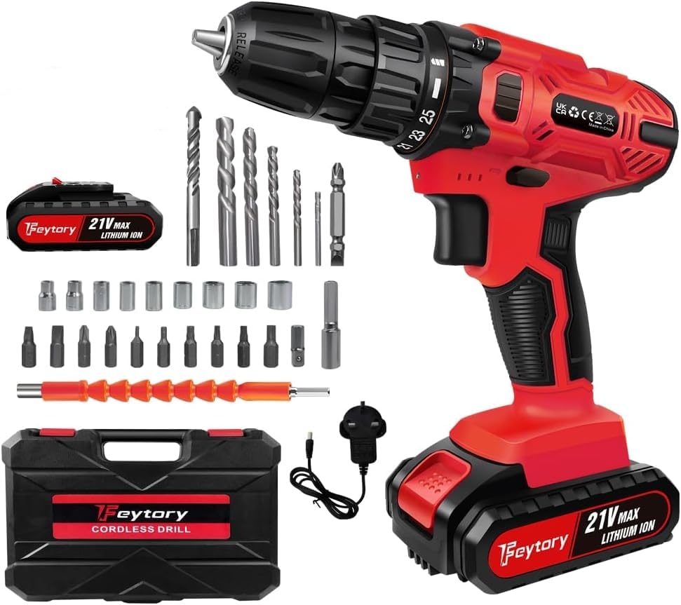 Cordless Power Drill Set With 1.5 Ah Lithium-Ion Battery and Charger, Electric Screwdriver Kit 2 Speed Combi Drill, 25+1 Torque 3/8" Keyless Chuck Hammer Handheld Power Tool With Kitbox