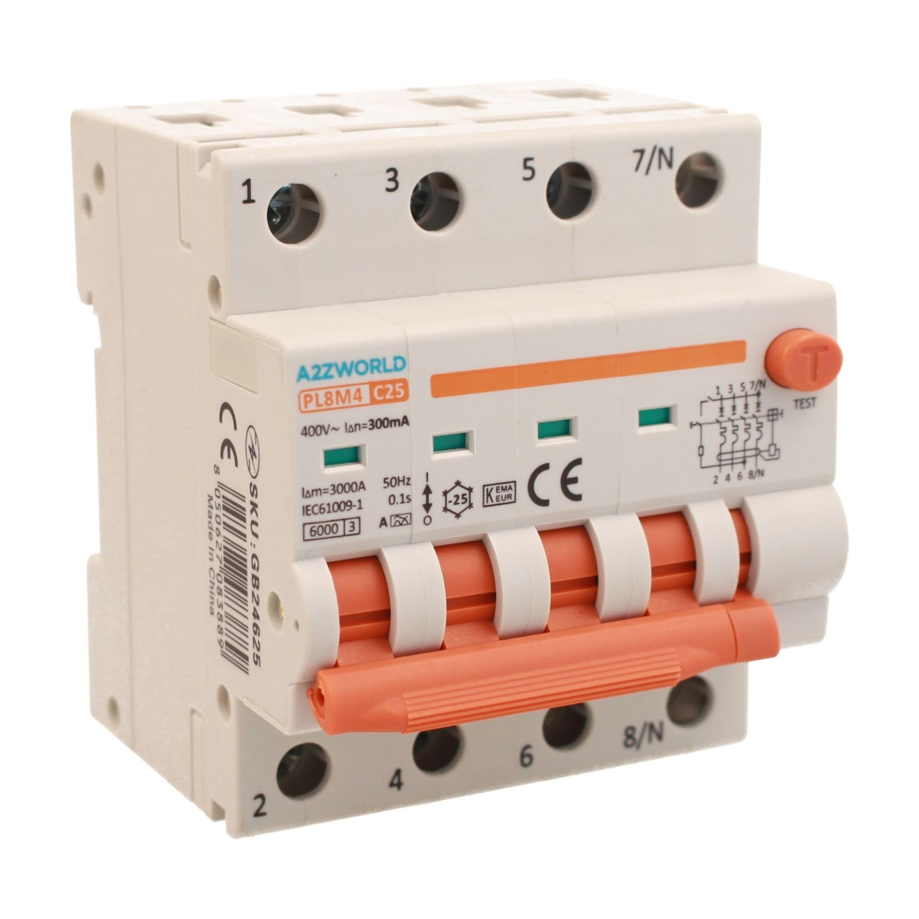 Interruttore Magnetotermico Differenziale Trifase, Tipo A 300mA 25A C25, 380V 4P Vero (NO 3P+N), Curva C 6kA 0,3A, Doppio Leva con Diagnostica Visiva, 4 Moduli DIN
