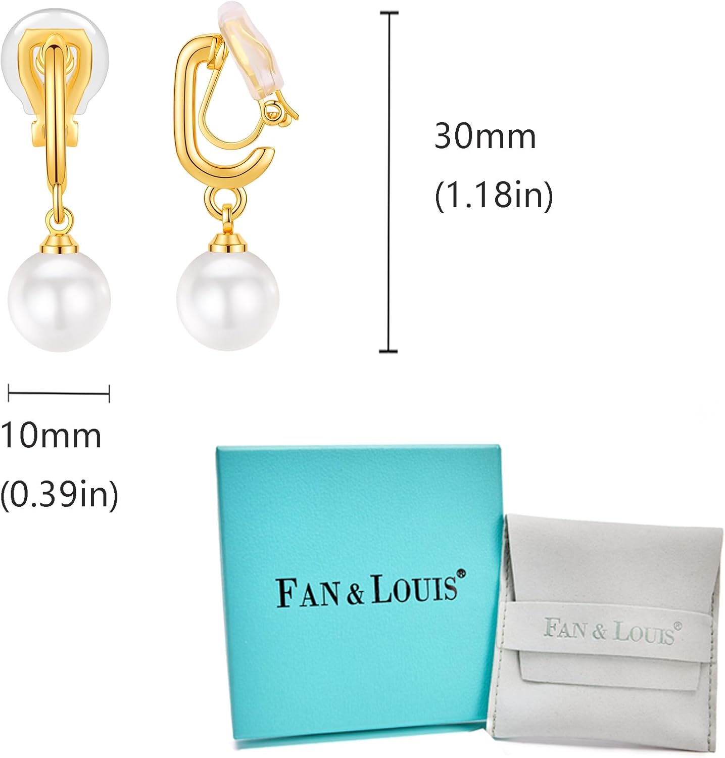FAN&LOUIS Pearl Clip On Earrings for Women,24K Gold Plated Hypoallergenic Pearl Dangle Drop Women's Non-Pierced Painless Clip-On Earrings - Image 7