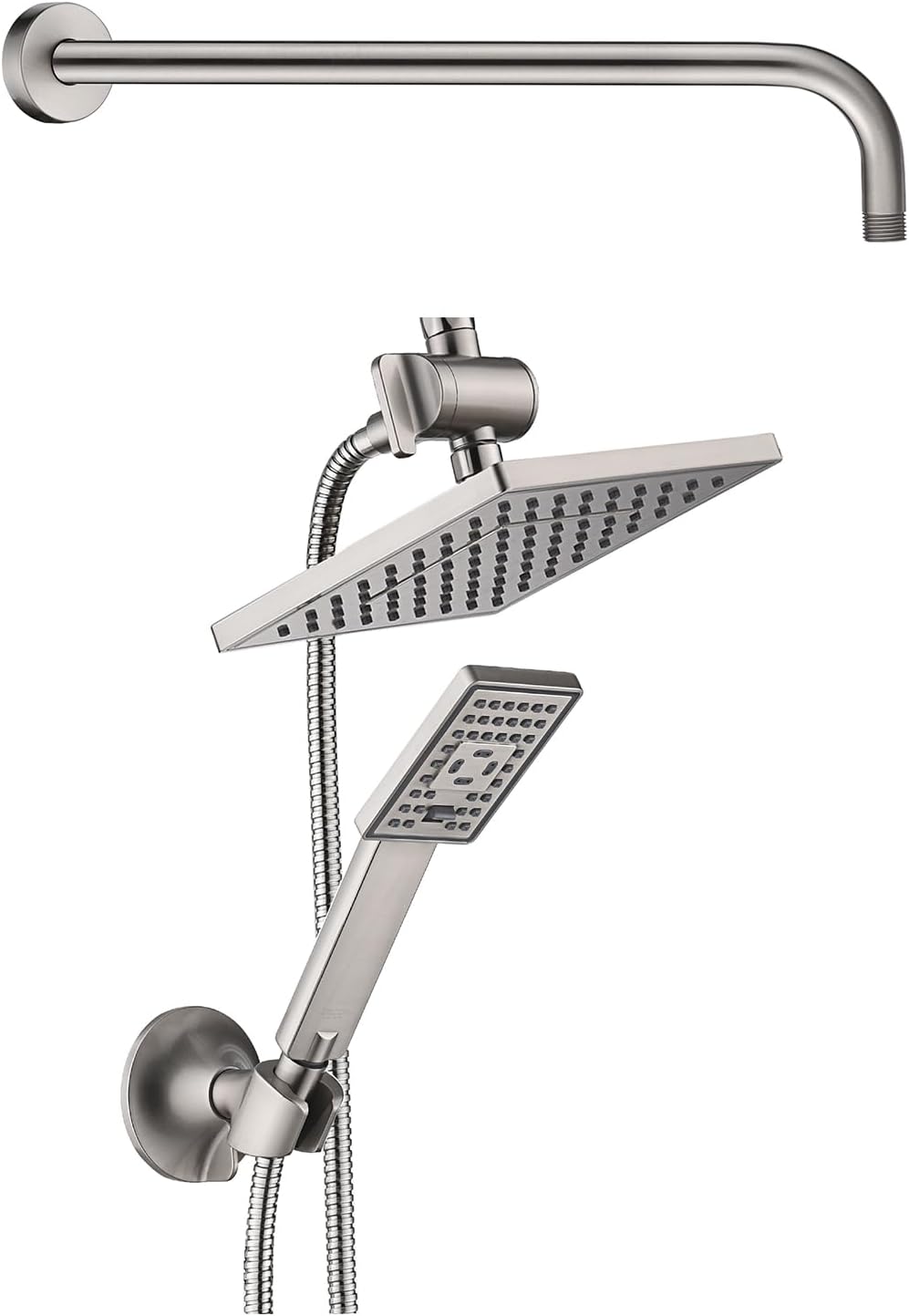 BRIGHT SHOWERS Rain Shower Head with Handheld Spray with 16 Inch Shower Head Extension Arm, Brushed Nickel