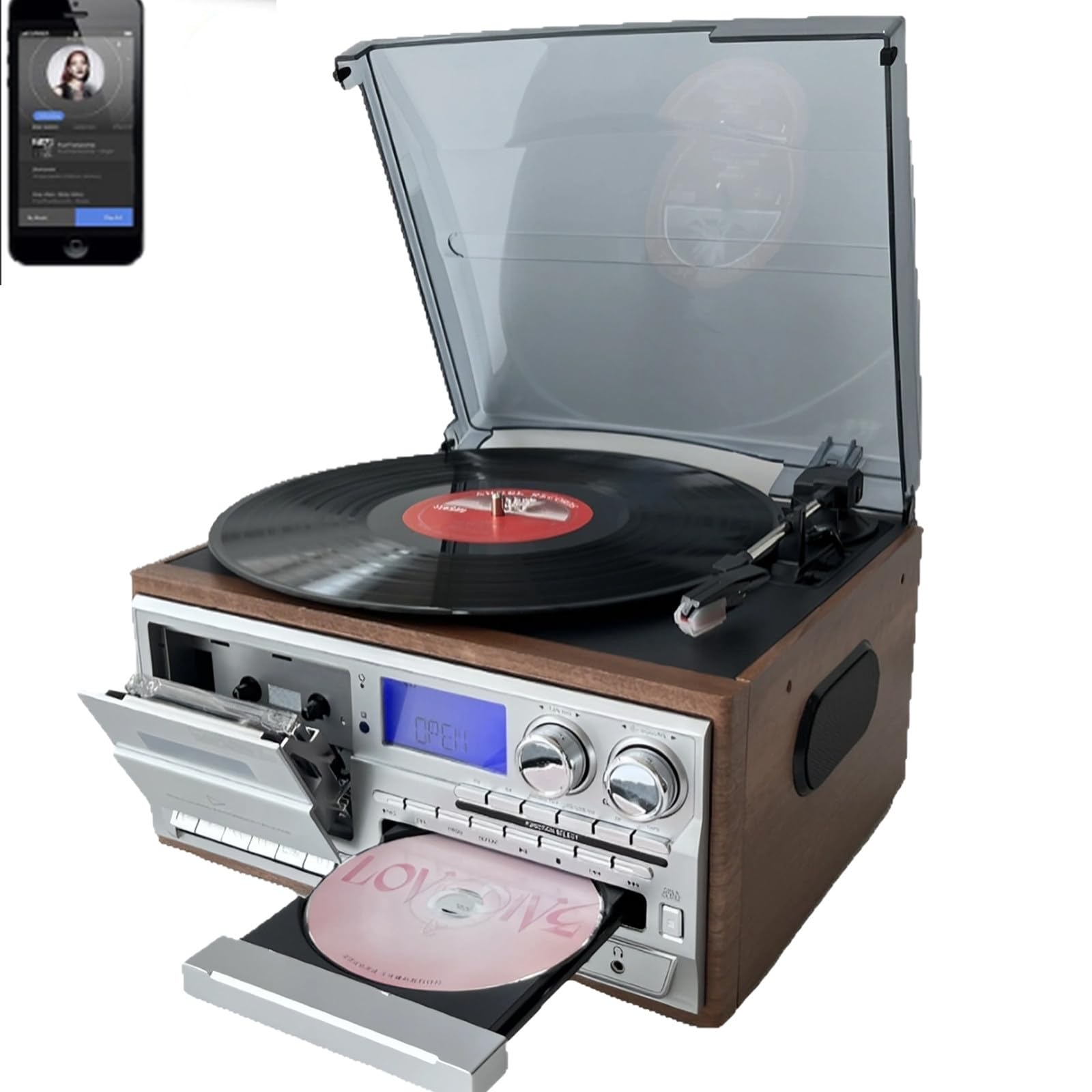 Giradischi a 3 velocità, giradischi in vinile, riproduzione di CD e cassette, sistema audio classico per gli amanti della musica
