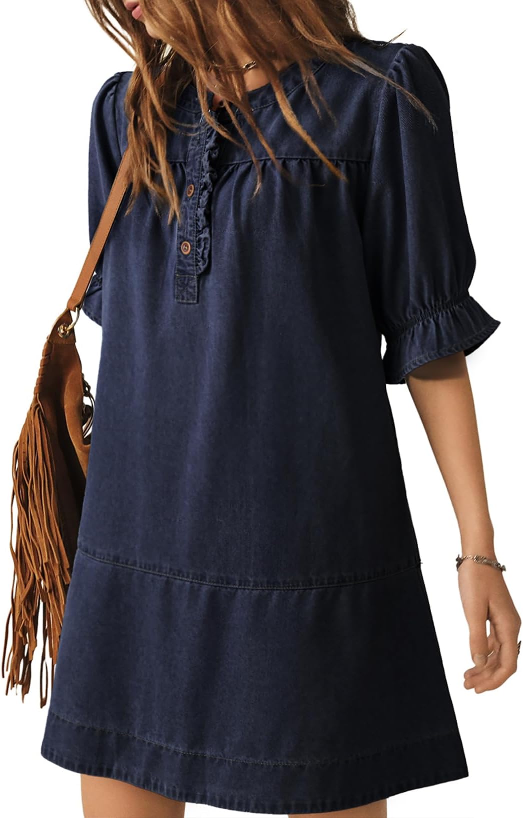 Women's Denim Dress 2026 Babydoll Dress Casual Ruffle Short Sleeve Button Jean Dresses