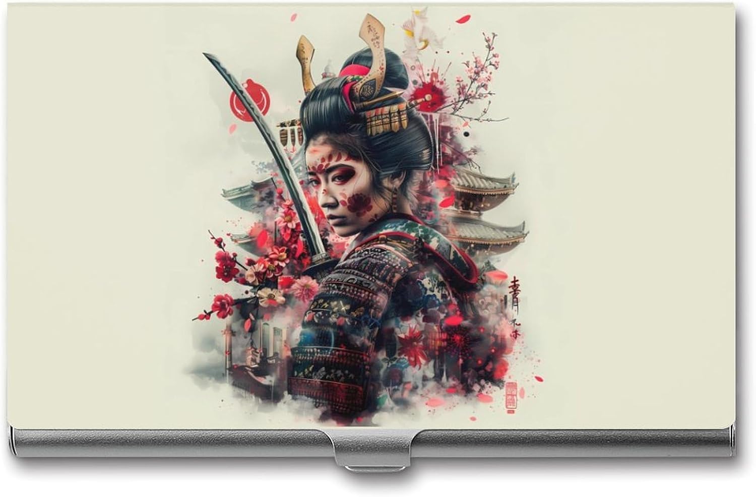 Japanese Geisha Woman Warrior Print Metal Business Card Case Pocket Name Cards Holder for Women Men with Slim Minimalist Design