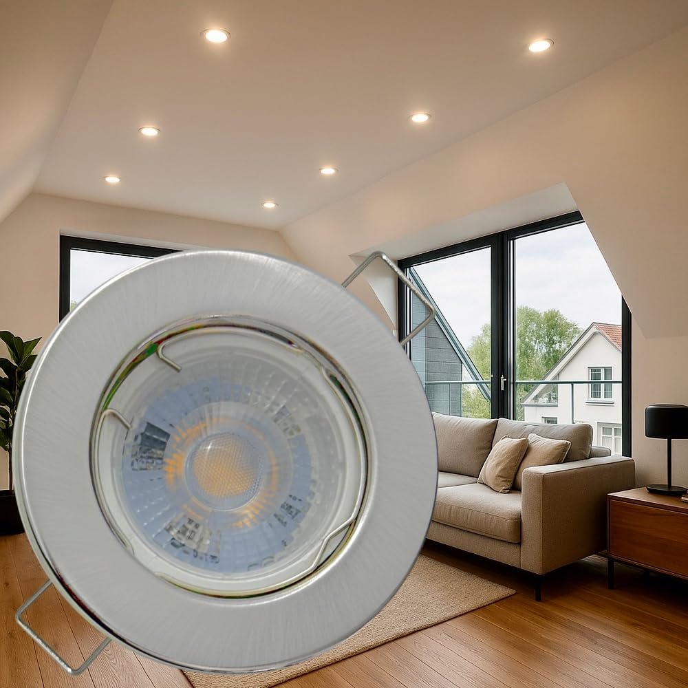 LED Einbauleuchte TOM 230V – 5er Set mit GU10 Fassung & LED Leuchtmittel, 5W Neutralweiß 4000K, Ø80mm, Edelstahl-Optik, starr, Lochmaß Ø55–65mm – Deckenmontage in Flur, Küche, Wohnzimmer