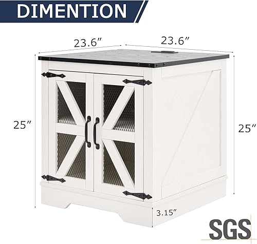 Miniatura 2 de Mesa auxiliar grande de granja con estación de carga y puerta de granero de malla, mesita de noche rústica de madera negra con estante de