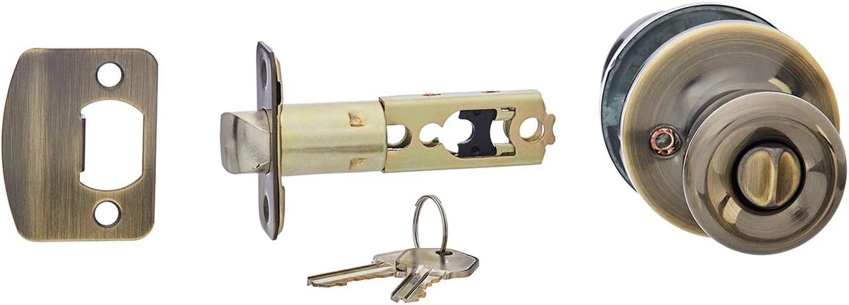 Amazon Basics Exterior Door Knob With Lock, Bell, Antique Brass
