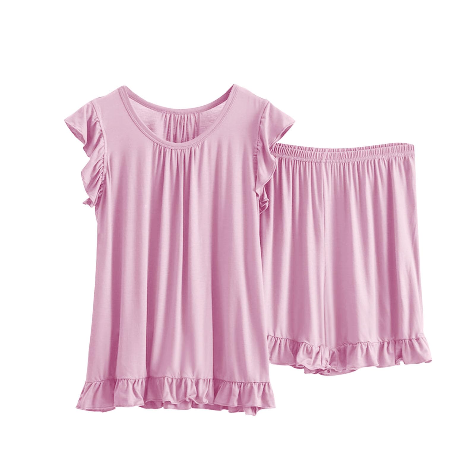 Sinzelimin Womens Pajamas Sets Fashion Solid Color Ruffles Cap Sleeves T-Shirt Tops and Pjs Shorts 2 Piece Lounge
