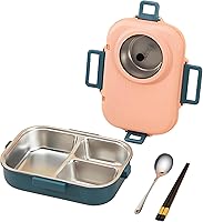 Vista 1 de Caja de Almuerzo Bento, Contenedores de Comida Portátiles a Prueba de Fugas de Acero Inoxidable 304 con 3 Compartimentos para Adultos - con Palillos