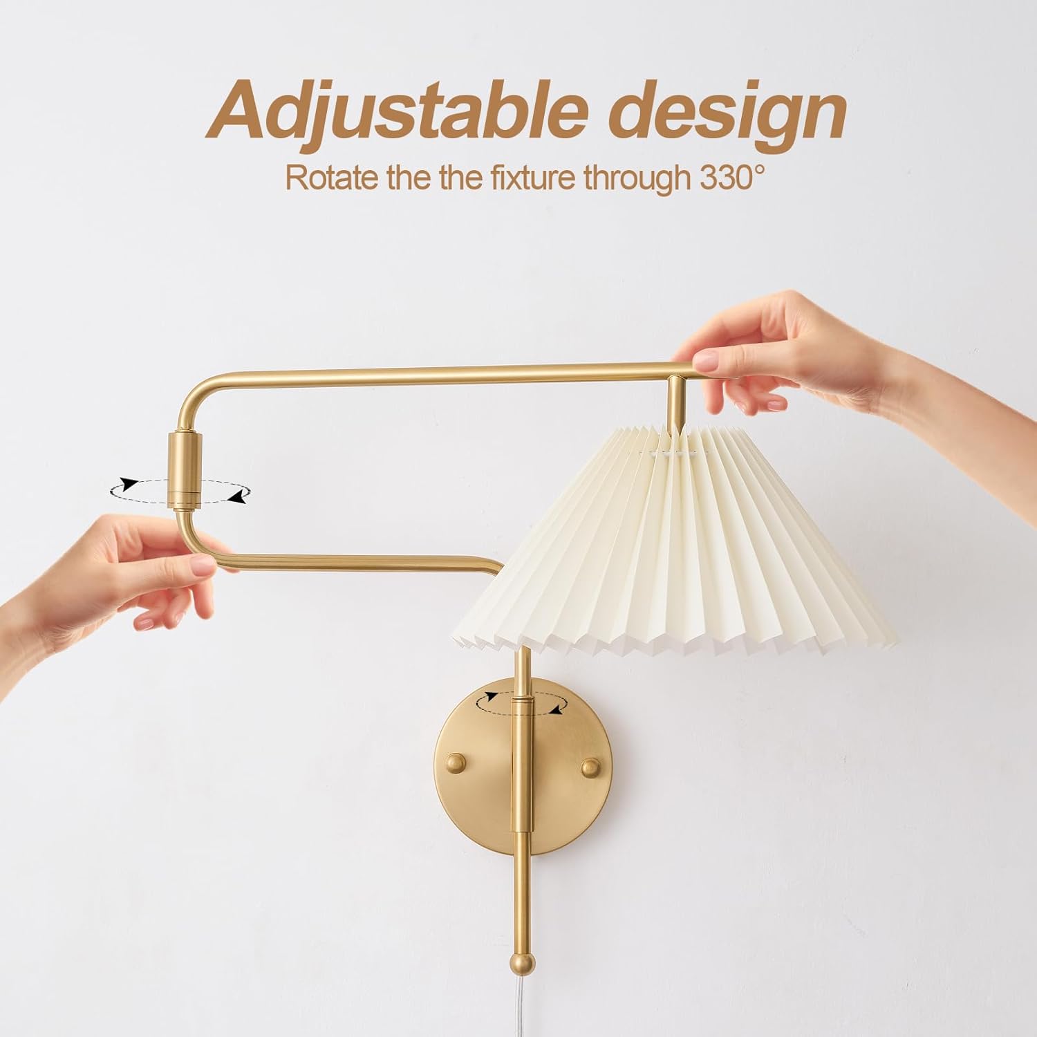 Gold Swing Arm Wall Sconce Set of 2,Plug in Wall Sconces with White Pleated Fabric Shade,Hardwired Wall Light Fixtures with Dimmable Switch for Bedroom Bedside, Living Room, House Reading
