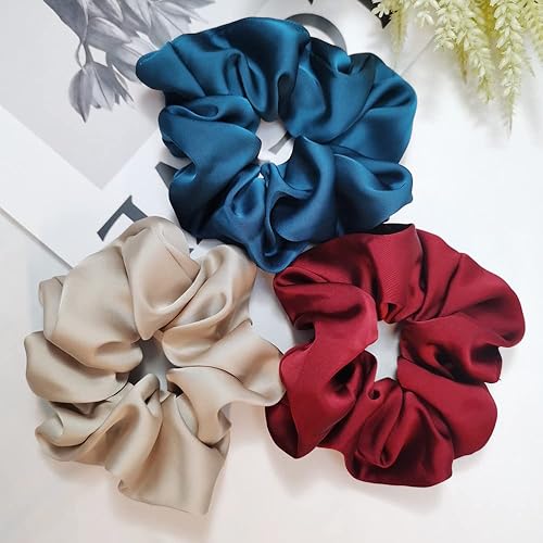 Accesorios para el cabello con sensación de seda, banda elástica de satén para prevenir roturas (3 piezas de vino satinado + azul pavo real + beige)