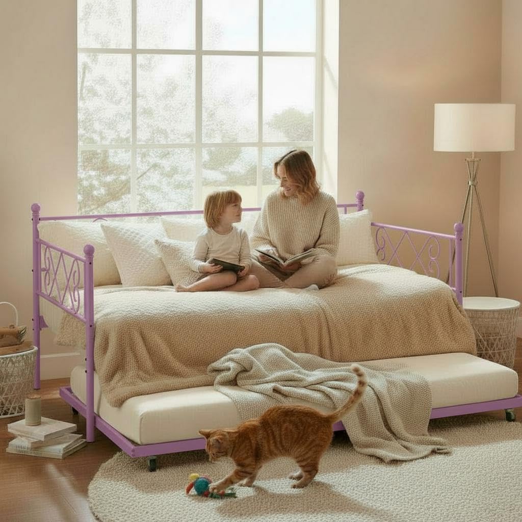 Garvee Daybed with Trundle, Trundle Bed Twin with Heart-Shaped Headboard, Sturdy Metal Sofa Bed, Heavy-Duty Metal Bed Frame Support, for Living Rooms, Bedrooms, and Guest Rooms, Easy Assembly, Purple