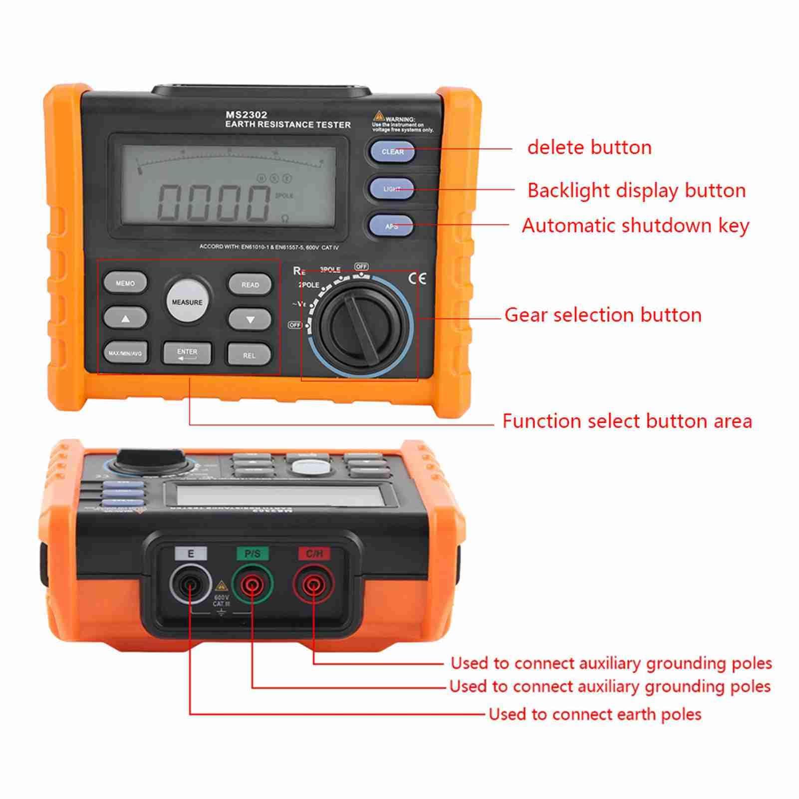 PEAKMETER MS2302 Tester Ohm per Asta di Messa a Terra Digitale, Misuratore Analogico Tester di Resistenza di Terra, 0~4K Ohm 100 Gruppi Registrazione Dati con Display LCD