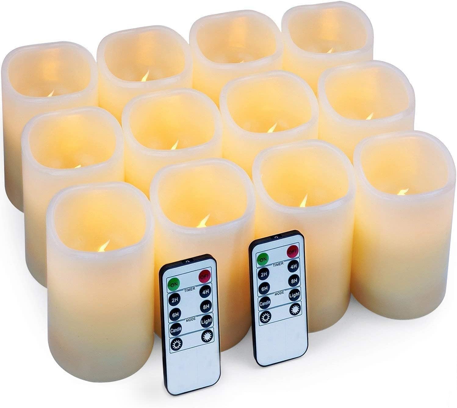 Hausware Flameless Candles Battery Operated Candles Set of 12 (D: 3" x H: 4") Real Wax Pillar Flickering Candles LED Flameless Candles with Remote and Timer Control (Ivory Color) Ivory,Set of 12