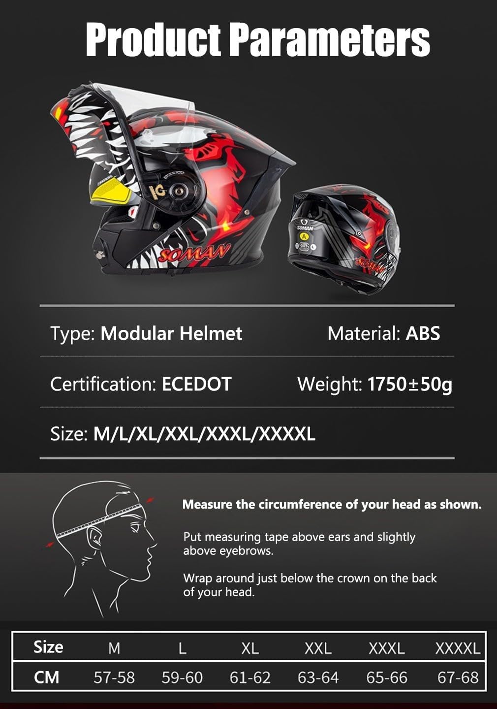 Integralhelm für Motorradfahrer, modular, Antibeschlag-Doppel-Sonnenblende, Klapphelm für Cross-Country-Fahrer, Moped-Rennhelm, Unisex, Erwachsene, Herren und Damen, DOT/ECE-Zulassung F,XXXXL=67-68cm