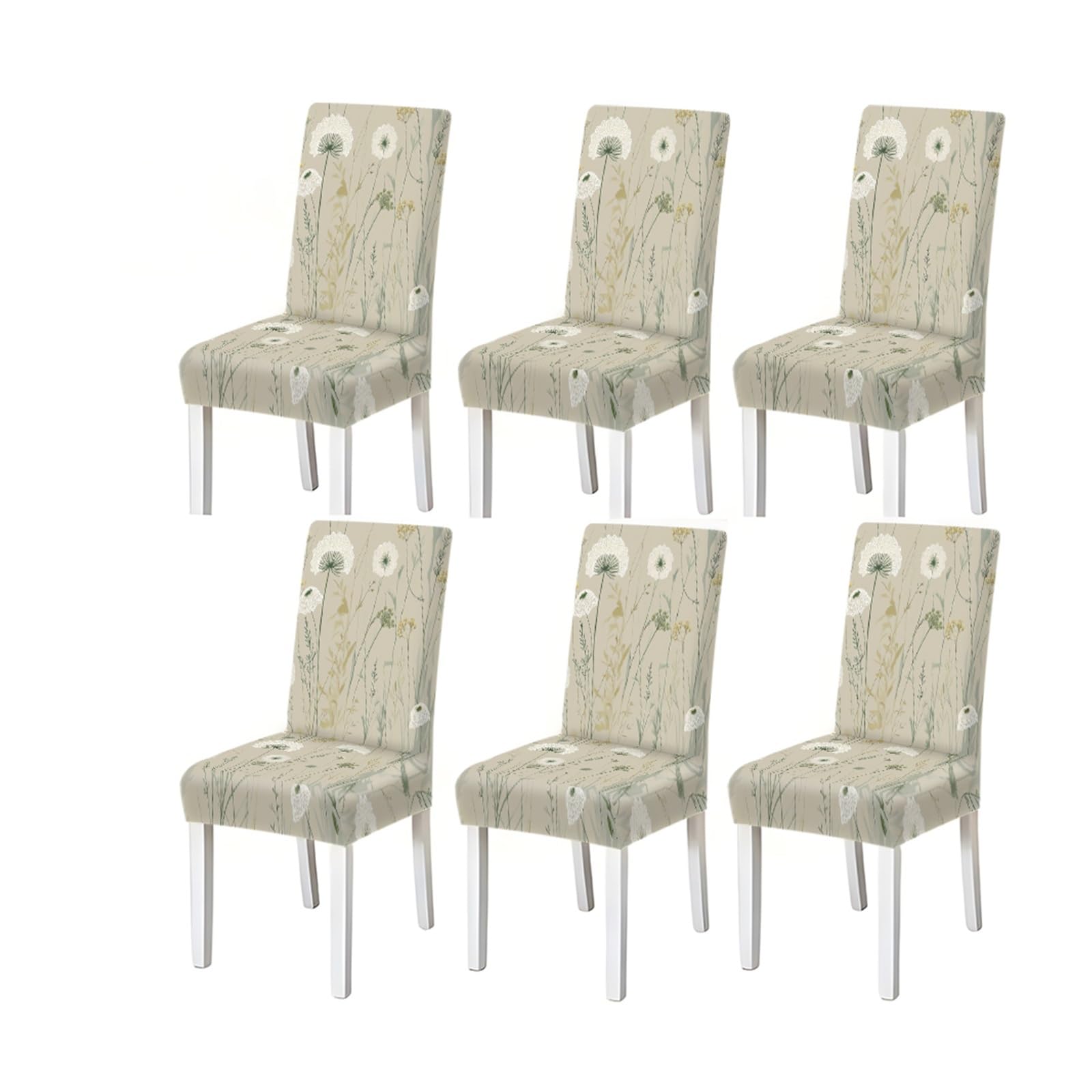 KXUAUV Beige White Wildflower Grass Print Dining Chair Covers, Stretch Slipcovers For Home Kitchen Dining Room Party, 2/4/6PCS Seat Protectors for Restaurant Hotel Party(6PCSChair cover)