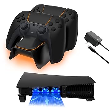 NexiGo PS5 Horizontal Stand with Controller Charger & Cooling Fans, Playstation 5 Charging Station with LED Indicator, Efficient Cooling System, Compatible with Disc & Digital Editions