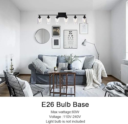 Miniatura 7 de MELUCEE Lámpara de tocador negra de 6 luces, aplique de pared de metal industrial para dormitorio, pasillo, cocina, pantalla de vidrio transparente