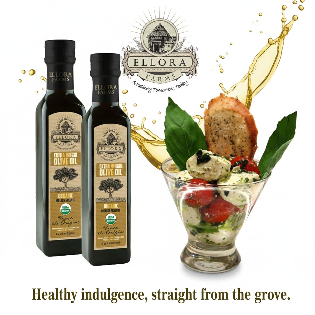 Ellora Farms, Olive Oil Extra Virgin Organic, Traceable Greek, High phenols Cold press, Kosher, 8.45 oz. Glass Bottle, Pack of 2