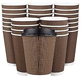 Promora 12 oz Disposable Brown Coffee Cups with Lids, Premium Insulated Paper Ripple Cups for Hot Coffee (80 Pack)