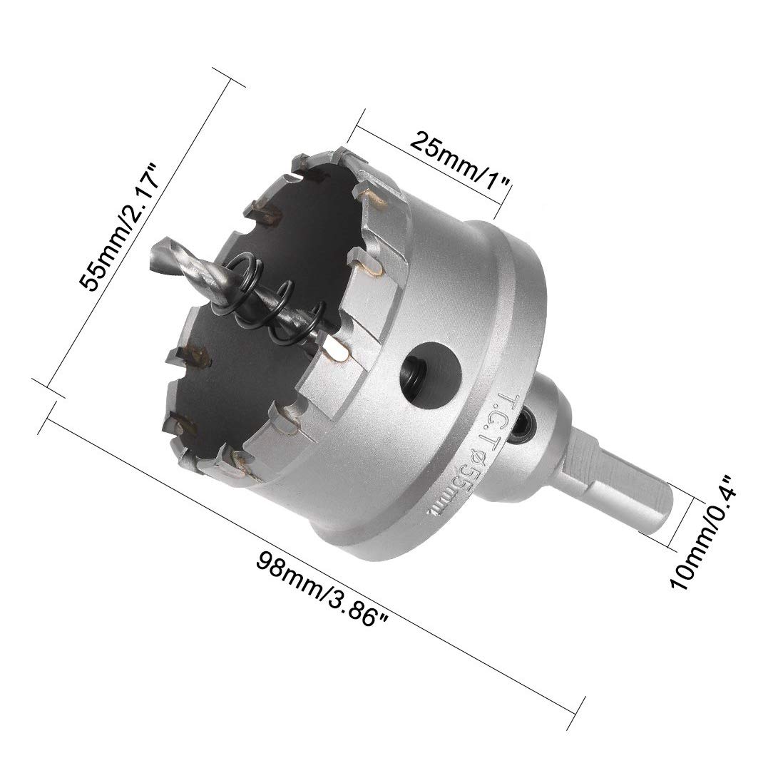 55mm TCT Hole Saw, 2-3/16” Cutting Diameter Tungsten Carbide Tipped Hole Cutter Opener, for Stainless Steel Metal Plate Aluminum