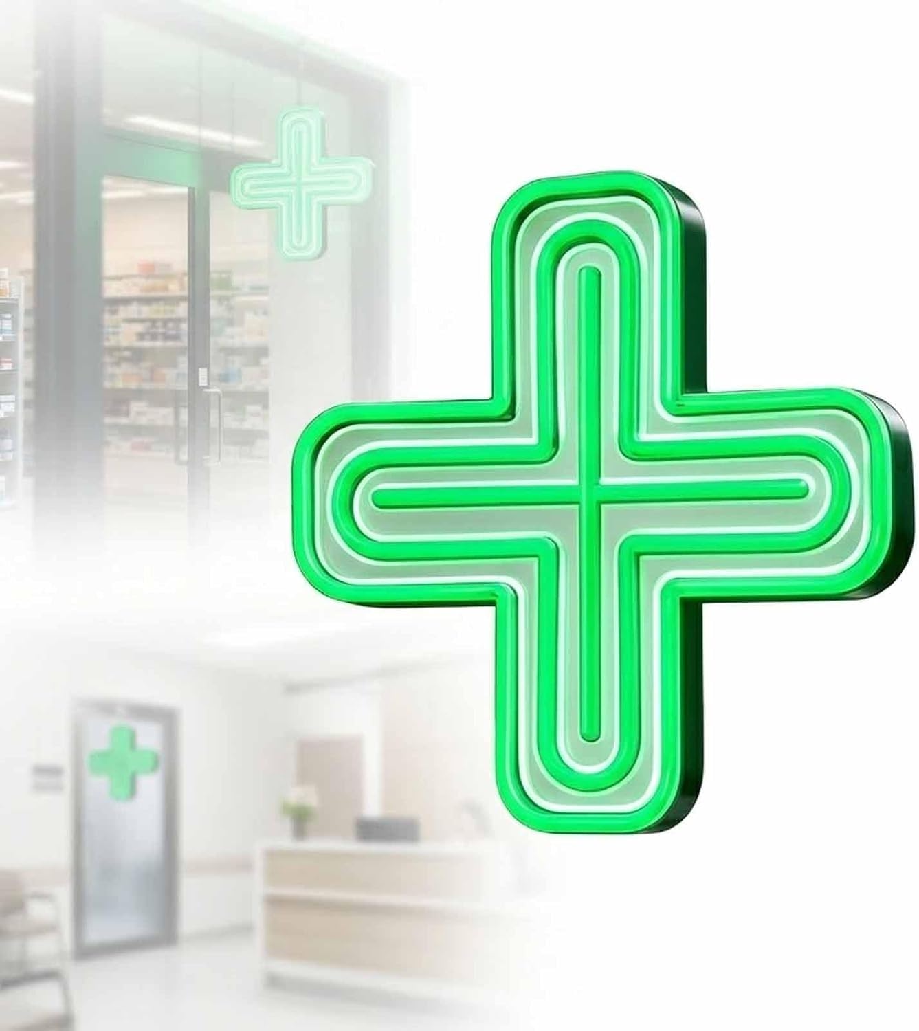Projekt Zawieszenia Zielonego Znaku Krzyża Aptecznego LED | Zielony znak krzyża aptecznego o dużej jasności, 2 tryby zawieszenia, lampa wewnętrzna do sklepu szpitalnego