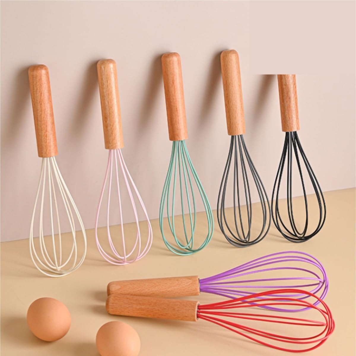 Frusta da Cucina Sbattitore Manuale Frullino for Uova in Silicone Manuale con Manico in Legno Portatile Cottura for Classico A Palloncino Frullatore Efficiente(White)