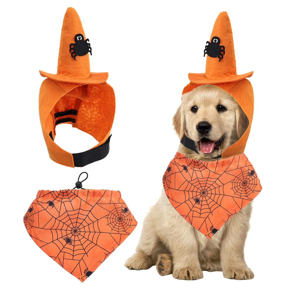 Dog Costume Set, Adjustable Halloween Dog Bandana with Cute Hat Pet Costumes Decoration for Dogs Cats Cosplay Dress Up
