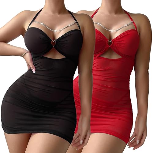 Foxiny Sexy Chain Sheer Mesh Ruched Bodycon Mini Lingerie Dress with Thong 2 Piece Set Outfits - Medium - 2 Piece Black Red