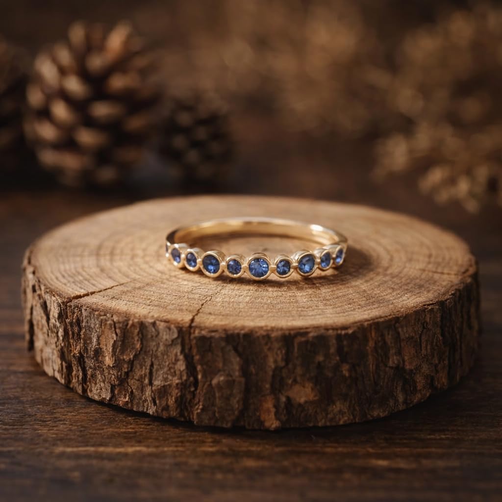 Round Cut Blue Sapphire Wedding Band Rose Gold Plated Half Eternity Stackable Ring September Birthstone Anniversary Jewelry Gift for Her