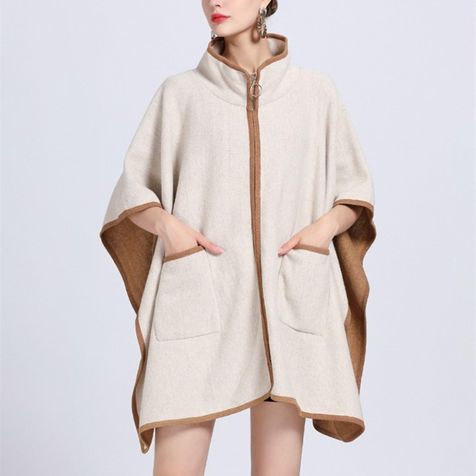 Retro Moda Poncho Cape per Le Donne Color Block Boho Scialle Avvolge Cappotto Stand Collare Aperto Poncho Anteriore