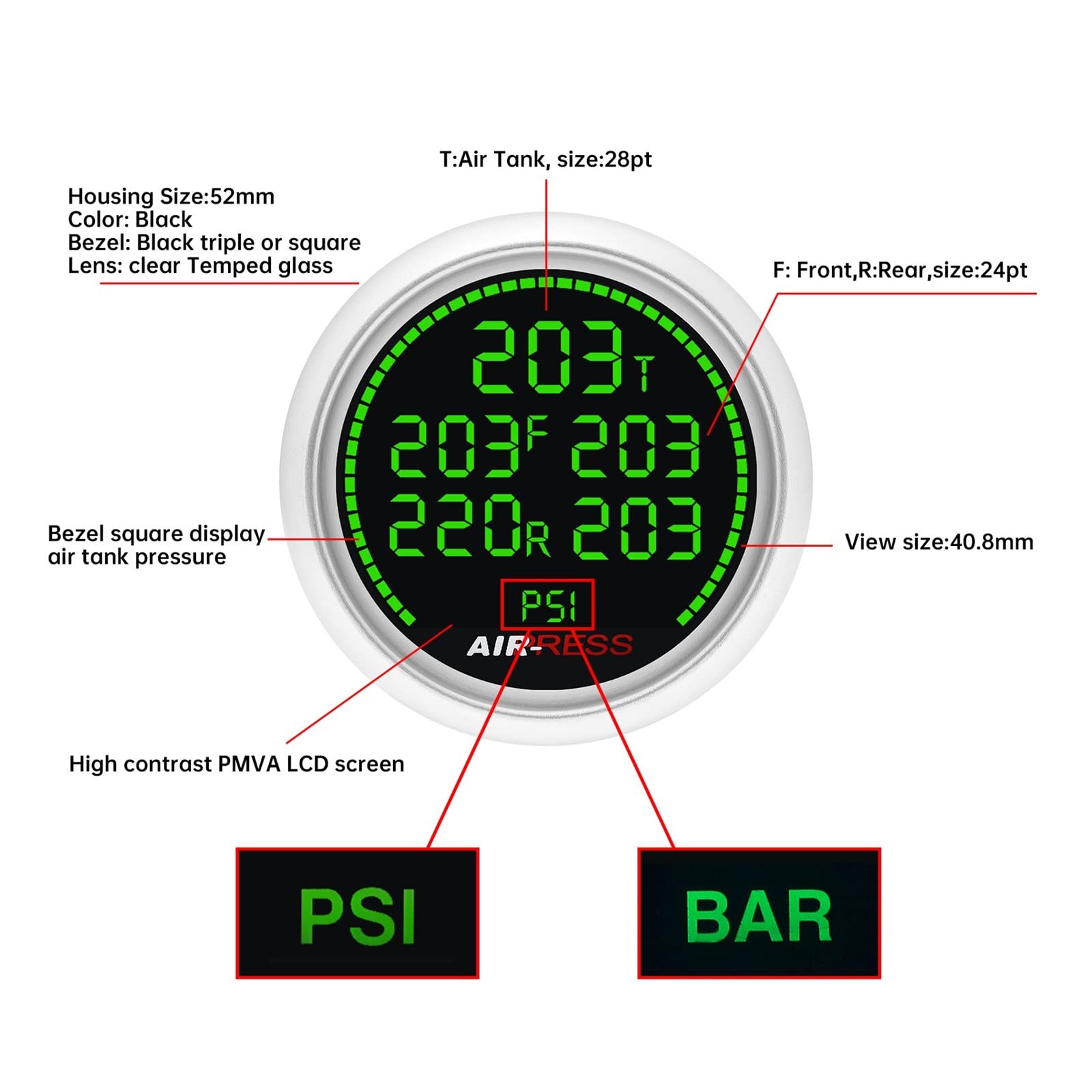 unità di invio Carburante Marino A 7 LED a Colori da 2 Pollici 52mm LCD Manometro a Cinque pressioni dell'Aria Bar Sospensioni pneumatiche Misuratore di Giro Pneumatico con sensore da 5 Pezzi