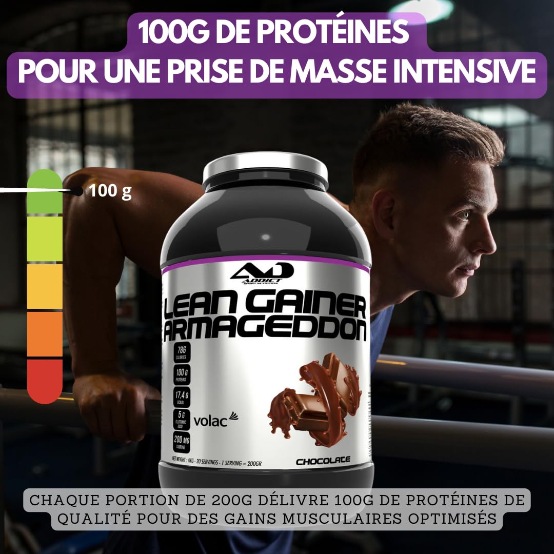 Addict sport nutrition - Armageddon - Protéine de musculation - 100g de protéines par portion - Gainer avec whey rapide, BCAA, L-Glutamine et Maltodextrine - Prise de masse - 2 Kg -Chocolat - noisette