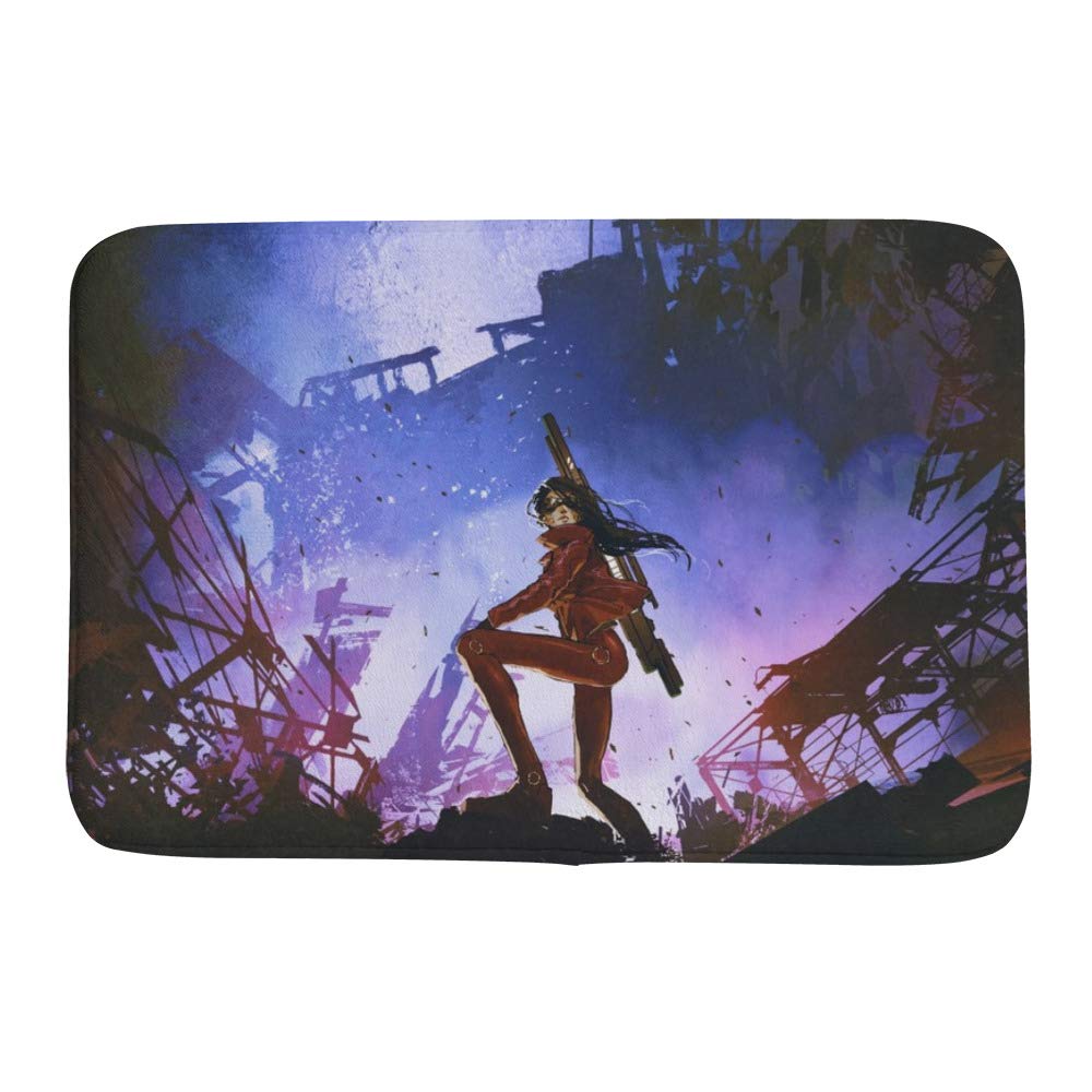 Tapis de bain futuriste soldat femme et city ruinée en polaire