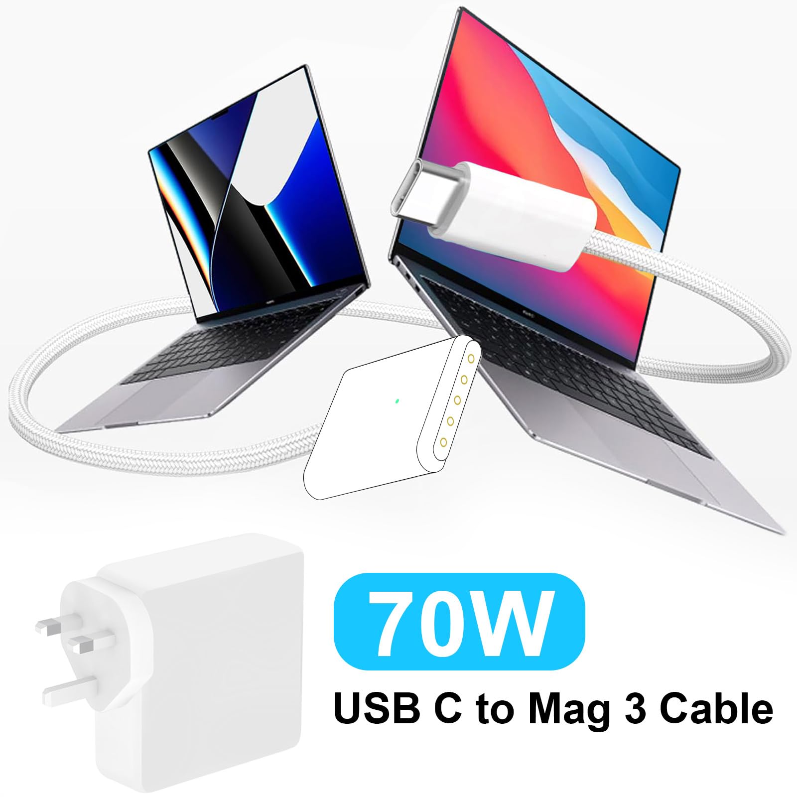 MacBook Air Pro Charger, 70W USB C to Magnetic 3 Charger M4/M3/M2