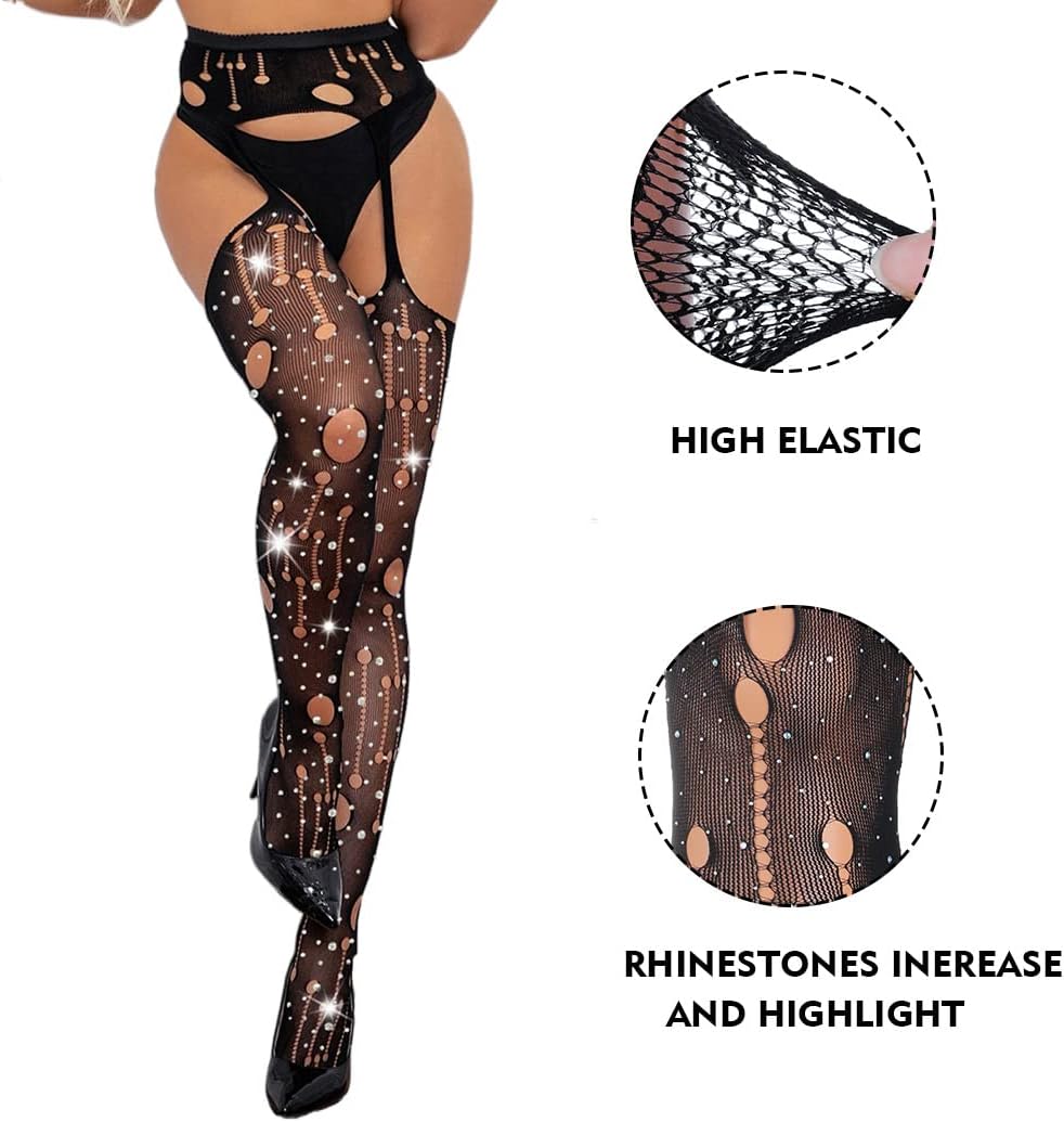 CanB Rhinestone Fishnet Stockings High Waist Tights Sexy Fishnets Thigh Suspender Pantyhose Stockings for Women and Girls - Image 4