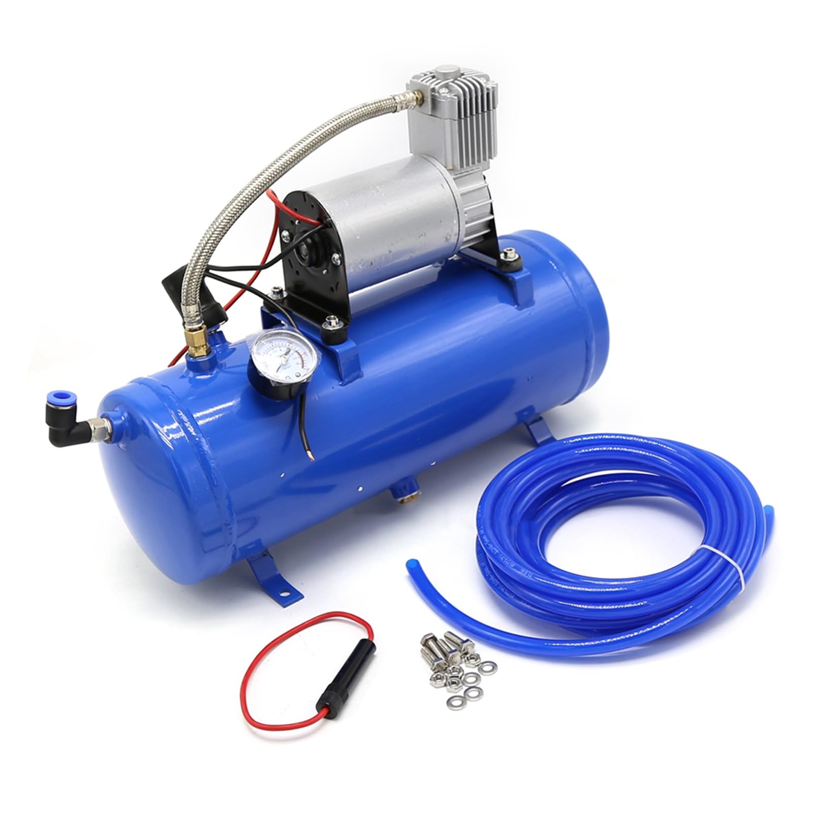 LIAPDG DC12V Air Horn Compressor, 1.6Gal 150 Psi Air Tank Air Compressor with Tank Air Horn Kit with Tube for Vehicle, Auto Engines and Bicycle Pressure Switch Setting 90 Psi On, 120 Psi Off