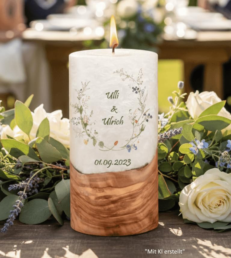 Hochzeitskerze "Wiesenblumen". - Hochzeitskerze mit echten Holz und versiegelte Wachsoberfläche. Docht oder Teelicht wählbar. (Docht, D/H = 8 x 25 cm)