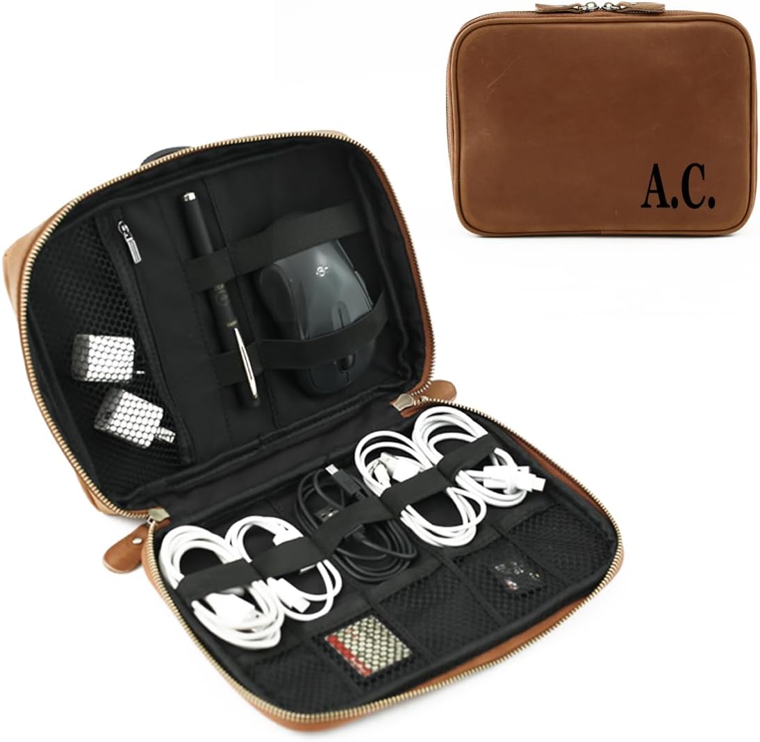 Personalized Leather Electronics Accessories Case,Customized Travel Organizer Bag for Electronic,Multi-function Carry-On Storage Bag for USB Data Cable,Chargers,Ear-ph Wire