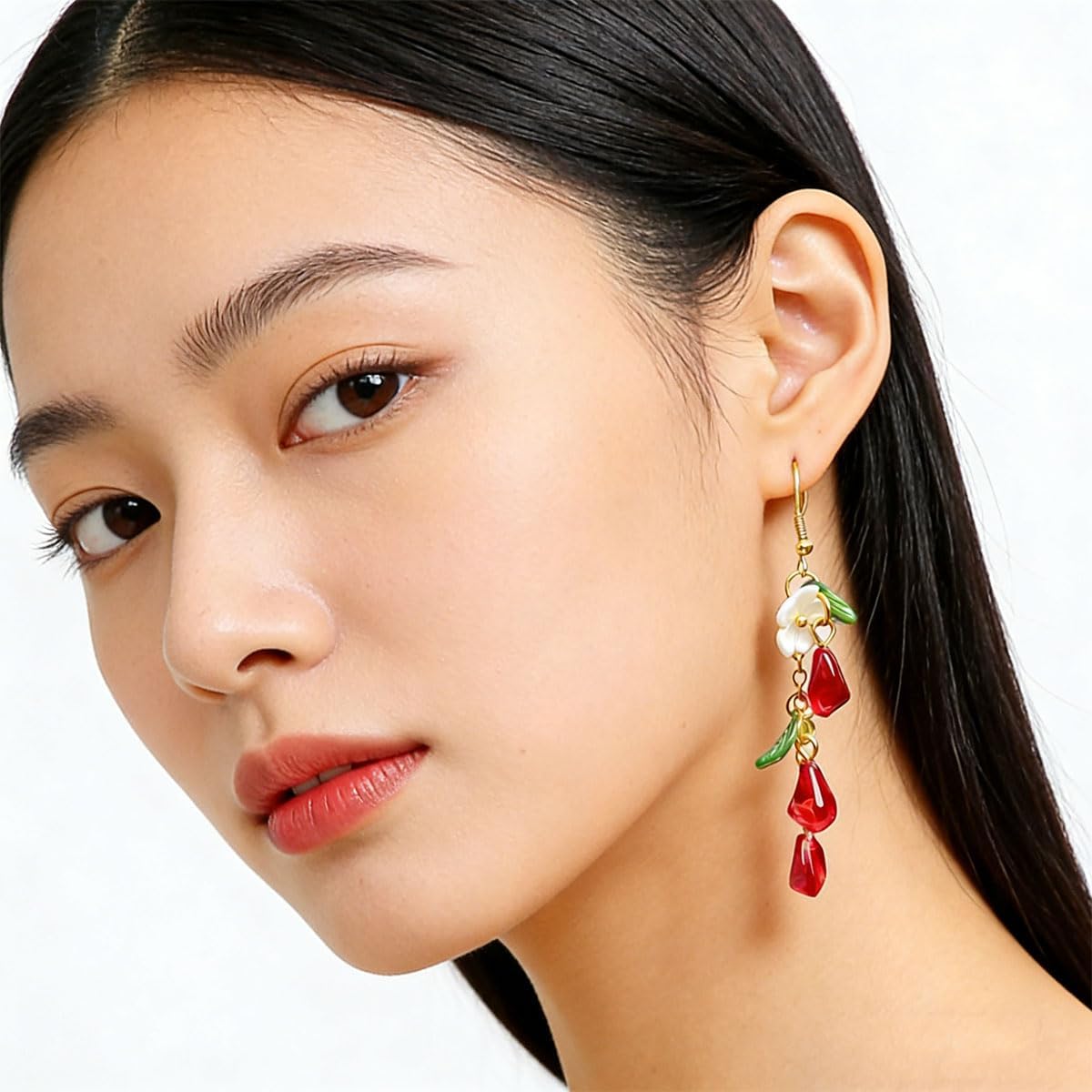 Glass Pomegranate Seed Dangle Earrings for Women Resin Yellow Lemon Earring Red Glass Bead Earrings Spring Summer Green Fruit Flower Leaf Earring Nature Lovers Jewlery - Image 3