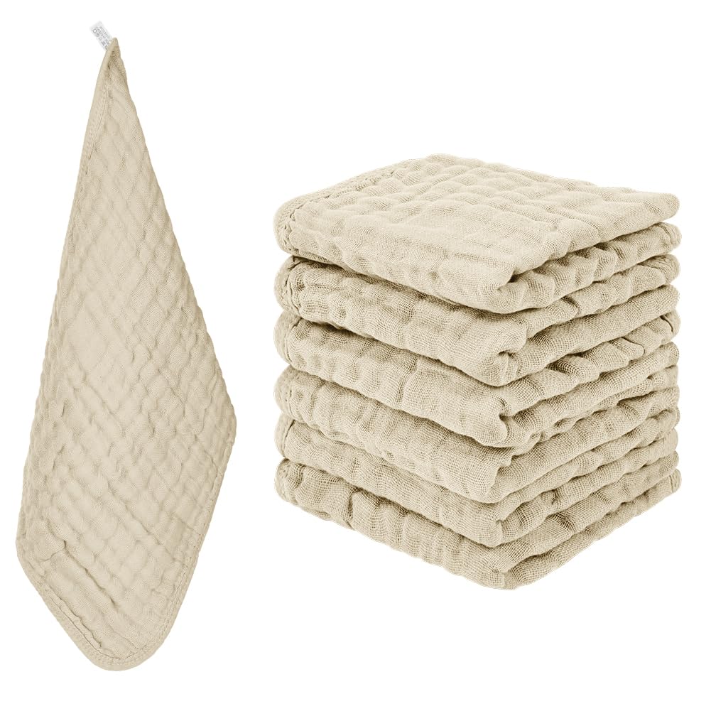 AYESY Musselintücher für Babys, 6 Stück 100% Baumwolle Mulltücher Baby Spucktücher, Atmungsaktiv und Extrem Saugfähig, Moltontücher Baby für Jungen Mädchen 25cm x 50cm (Khaki)