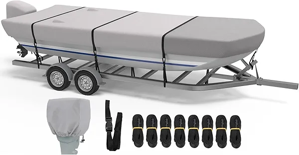RVMasking Jon Boat Cover - 14-16ft Boat Cover with Motor Cover, 1400D Heavy Duty Front Reinforced Jon Boat Covers, Marine Grade Waterproof & UV Resistant, Fits Beam Width up to 75", Gray