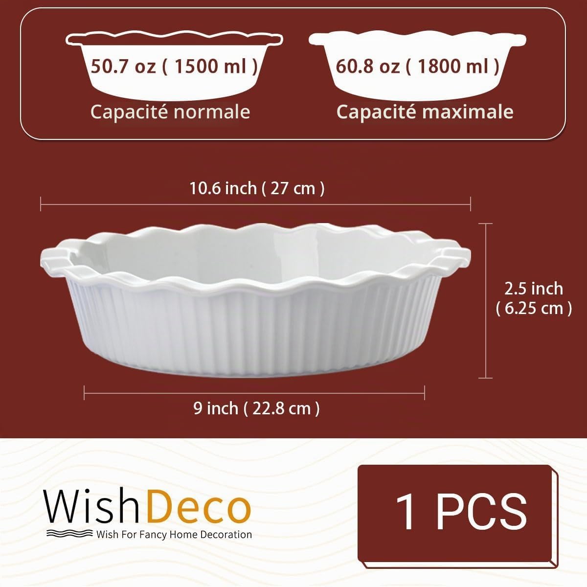WishDeco Moule à Tarte 23 cm, Moule à Quiche en Céramique Rond 1500 ml, Plat Four à Gratin Blanc, Résistant au Four