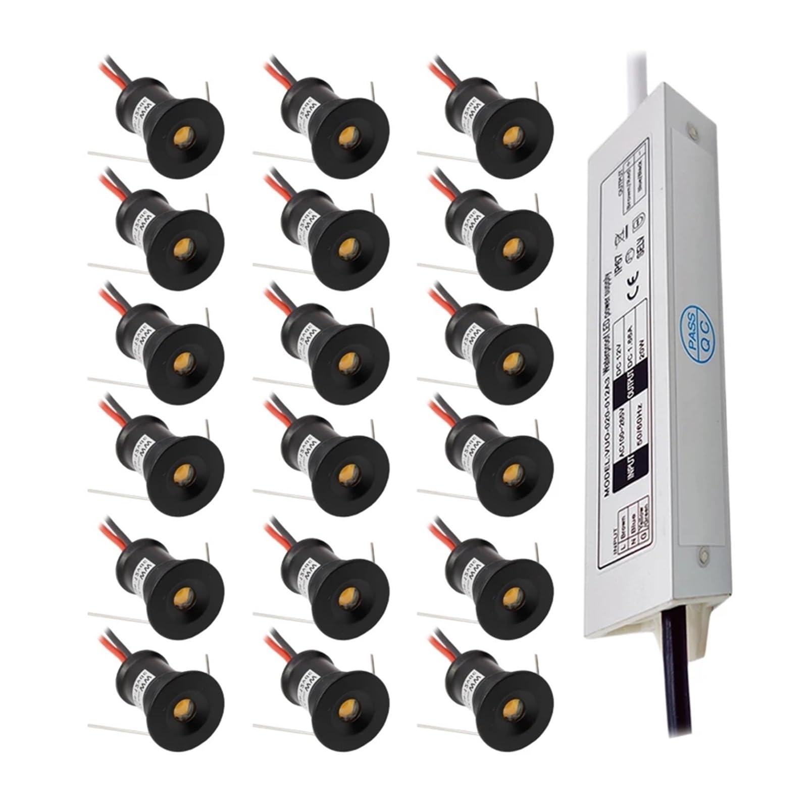 IP65 mini reflektor 15 mm 1 W LED do zabudowy 12 V sufit downlight punktowa lampa do szafki schodowej z 110 V-220 V (ciepła biel 3000 K, 18 lamp i 1 sterownik)