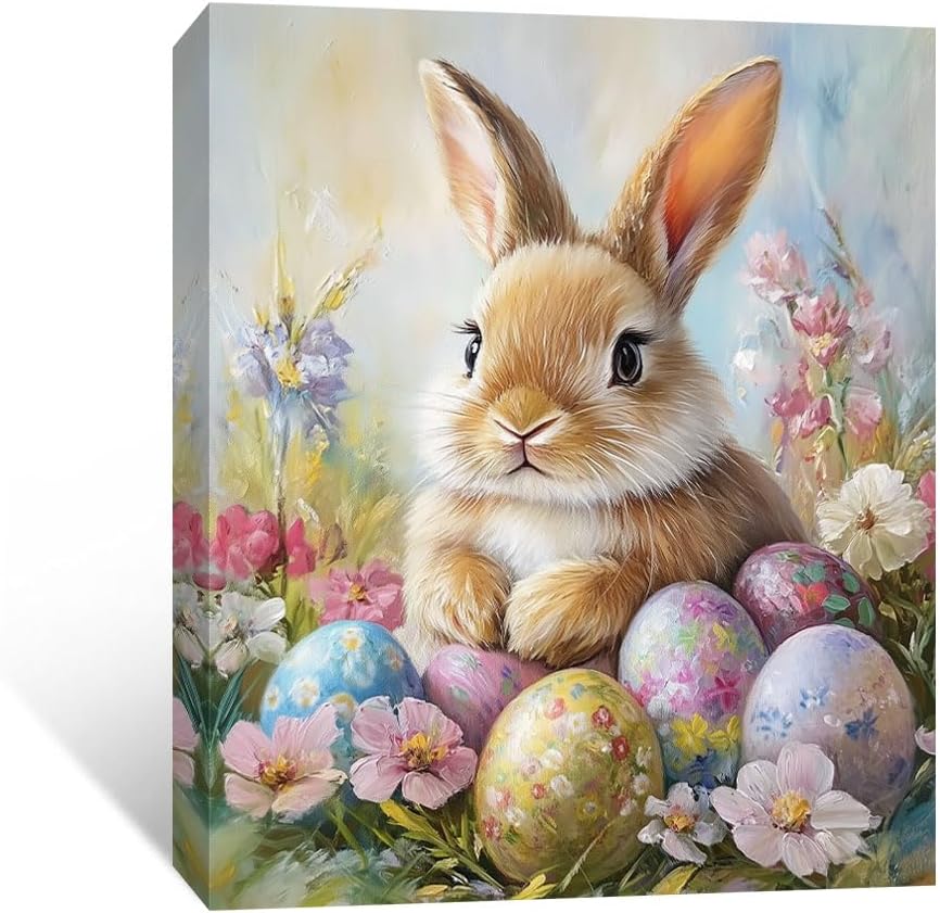 Easter Wall Decor Framed 16"x12", Vintage Bunny Rabbit Eggs Picture Canvas Wall Art, Cute Farmhouse Spring Decorations for Home Living Room Mantel, Gift for Her