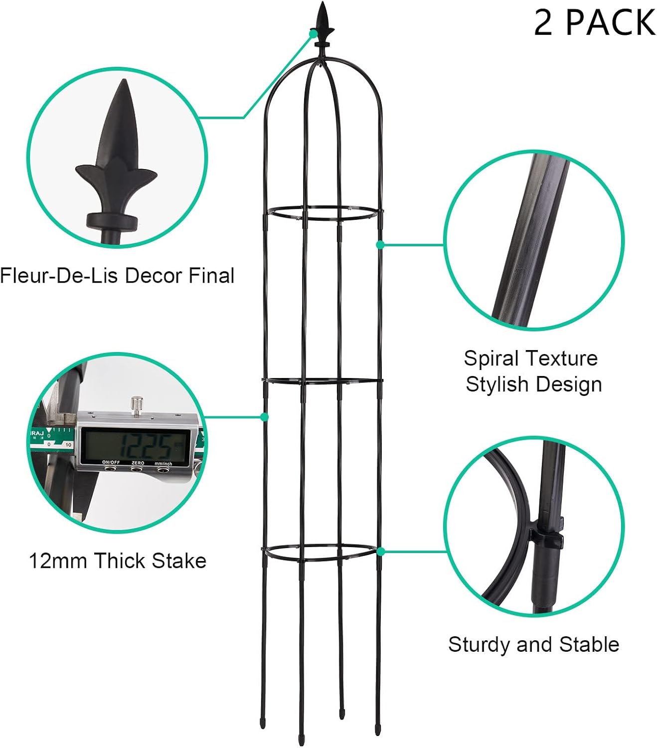 Lalahoni 2 Pack 6ft Tall Plant Support for Potted Plants Climbing Vine Rose Clematis Outdoor Indoor Garden Obelisk Trellis, Lightweight, Black
