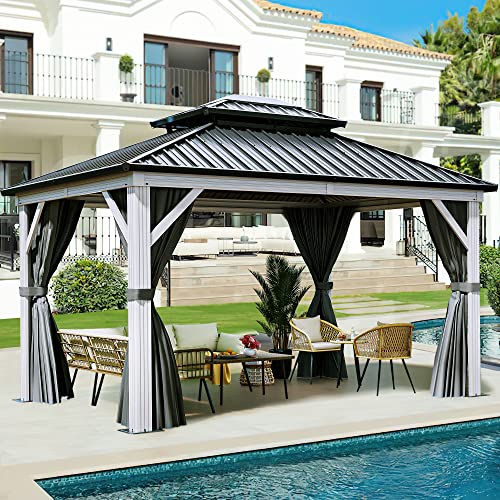 Yitahome White Gazebo 10X12Ft Hardtop Double Roof Canopy Galvanized Iron Aluminum Frame Outdoor Gazebo With Netting And Shaded Curtains Garden Tent For Patio, Backyard, Deck And Lawns, Grey Curtain #TOP8