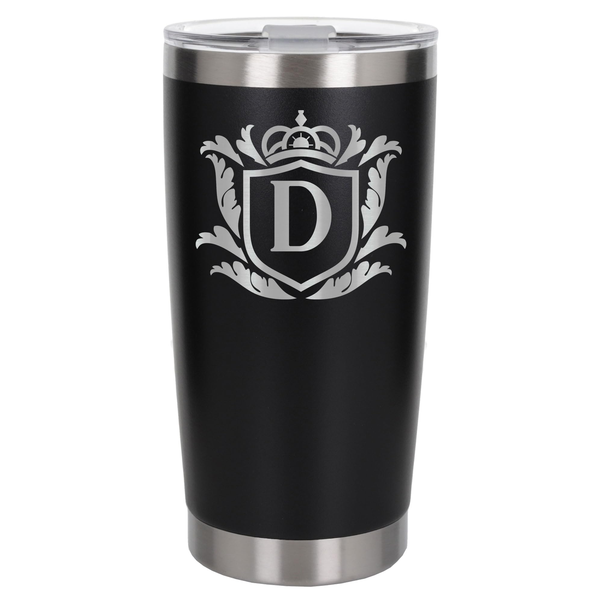 Customised Gifts 500ml Engraved Shield Initial Monogram Insulated Personalised Black Travel Mug for Men and Women - Personalised Initial Coffee Travel Mug for Hot and Cold Beverages, Letter D