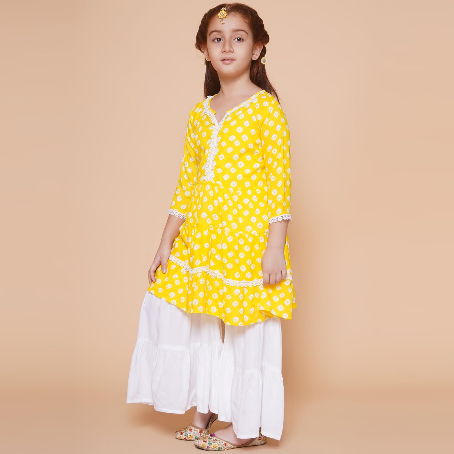 Arshia Fashions Girl's Yellow Bhandhej Printed Kurta And Sharara Set 2